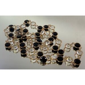 Vintage Austrian Crystal Bezel Necklace Gold Tone Black & Clear 36"